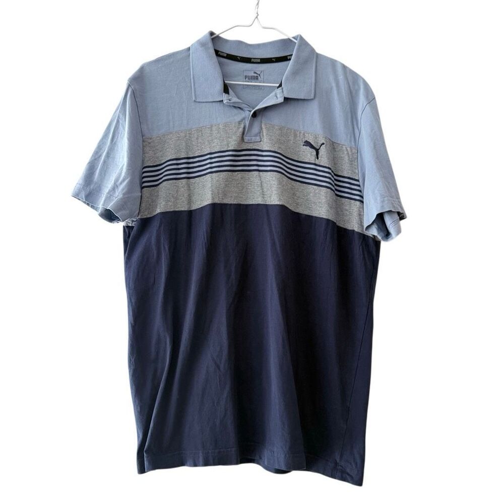 PUMA Striped Colorblock Short Sleeve Golf Polo Shirt Blue Gray Large